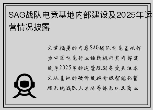 SAG战队电竞基地内部建设及2025年运营情况披露